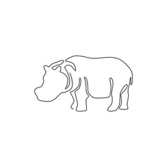 One single line drawing of big cute hippopotamus for kids toy company logo identity. Huge friendly hippo animal mascot concept for national safari zoo. Continuous line draw design vector illustration