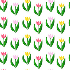 Fototapeta na wymiar Vector seamless pattern with multi-colored flowers and green leaves on a white background. Use in fabric, wrapping paper, wallpaper, bags, clothes, dishes, cases on smartphones and tablets.