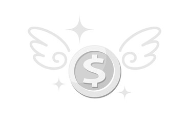 money silver coin and wing, icon penny and wings fly concept, symbol dollar money coin fly up, loss financial, money fly symbol with loss tax or debt concept