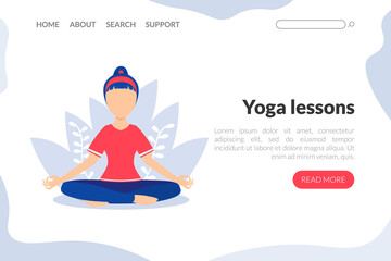 Yoga Lessons Web Landing Page Template, Young Woman Meditating in Lotus Position, Yoga School Studio, Online Class Flat Vector Illustration