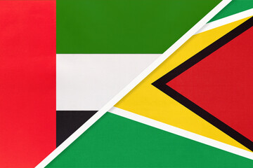 United Arab Emirates and Guyana, symbol of national flags from textile. Championship between two countries.