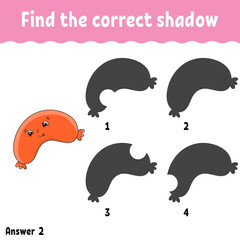 Find the correct shadow. Education developing worksheet. Matching game for kids. Activity page. Puzzle for children. Cartoon character. Isolated vector illustration.