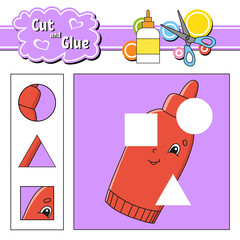 Cut and glue. Game for kids. Education developing worksheet. Cartoon character. Color activity page. Hand drawn. Isolated vector illustration.