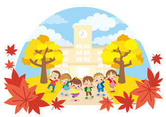 Obraz na płótnie Canvas 秋の日に小学校の前に集まる可愛い子どもたち【ドーム型】