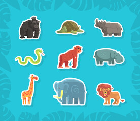 Cute Jungle Animals Stickers, Rhino, Orangutan, Turtle, Snake, Monkey, Hippo, Giraffe, Elephant, Lion Vector Illustration