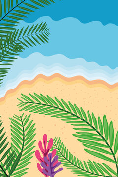 Beach with sea and leaves top view detailed style icon vector design
