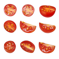 Fresh tomatoes sliced, different angles isolate on white background, red tomatoes, studio shots