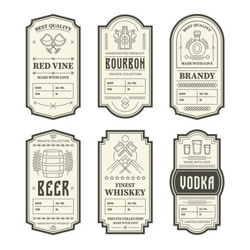 Various vintage alcohol bottle labels set. Geometric gin, bourbon, whiskey, wine and liquor emblem design vector illustration collection. Packaging tags and decoration concept