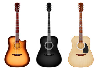 Classic six string acoustic guitar in three color schemes. Vector illustration.
