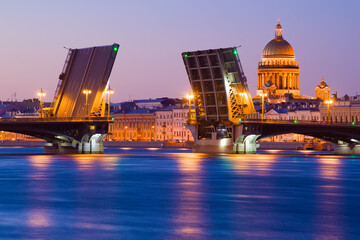 View of the divorced Annunciation bridge on a white night. Saint-Petersburg, Russia