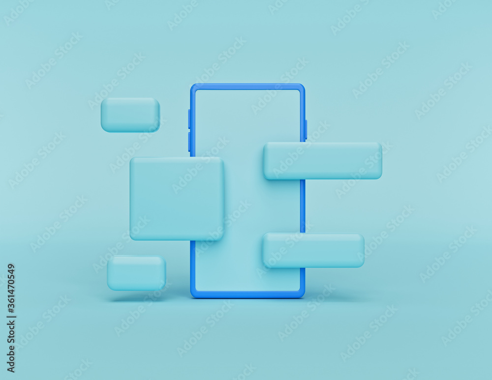 Poster future technology concept. minimal smartphone with floating icons. abstract cartoon style. smart dev