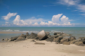 Fototapeta na wymiar Panoramic beach with sand and stones on the island of Sand Bangka Belitung Indonesia