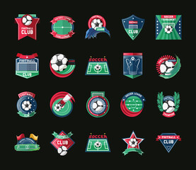 Soccer and football club detailed style icon set vector design