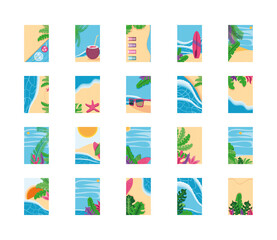 Summer backgrounds top view detailed style frames set vector design