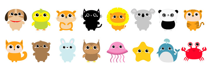 Bear Fox Owl Rabbit Dog Parrot Hamster Cat Lion Koala Panda Tiger Whale Jellyfish Crab Starfish icon set line. Cute cartoon kawaii funny baby character. Flat design. Kids print. White background.