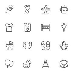 Baby related items line icons set, outline vector symbol collection, linear style pictogram pack. Signs, logo illustration. Set includes icons as rattle, feeding bottle, baby girl dress, crib, diaper