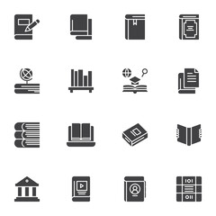 Education books vector icons set, modern solid symbol collection, filled style pictogram pack. Signs, logo illustration. Set includes icons as geography, online library, ebook, bookshelf, bookmark