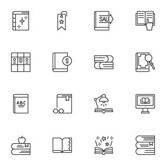 Bookstore, books line icons set, outline vector symbol collection, linear style pictogram pack. Signs, logo illustration. Set includes icons as open book reading, sale price tag, dictionary, ebook