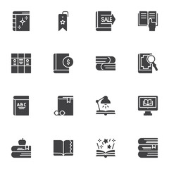 Bookstore, books vector icons set, modern solid symbol collection, filled style pictogram pack. Signs, logo illustration. Set includes icons as open book reading, sale price tag, dictionary, ebook