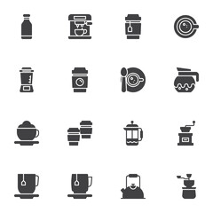 Coffee drink vector icons set, modern solid symbol collection, filled style pictogram pack. Signs, logo illustration. Set includes icons as coffee maker machine, bean grinder, tea mug, saucer and cup