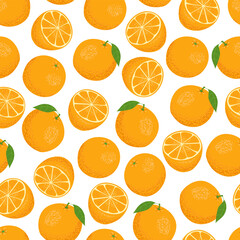 Whole oranges and halves on a white background. Summer seamless pattern. Vector illustration.