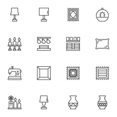 Home decor line icons set, outline vector symbol collection, linear style pictogram pack. Signs, logo illustration. Set includes icons as desk lamp, carpet rug, amphora vase, cushion, houseplant
