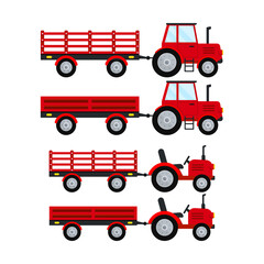 Red farm tractor with open trailer icon set isolatet on white background. Red small and big wheel farmer tractor. Flat design cartoon style agricultural car machine for field work vector illustration.