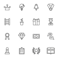 Motivation line icons set, success business outline vector symbol collection, linear style pictogram pack. Signs logo illustration. Set includes icons as crown, idea lamp, rocket launch, strategy plan