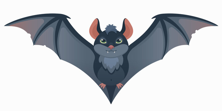 Flying grey bat. Vampire bat with sharp fangs, vector illustration. 