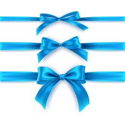 Set blue Bow and Ribbon on white background. Realistic blue bow for decoration design Holiday frame, border. Vector illustration