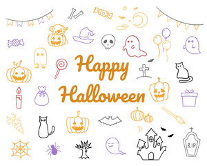 ハロウィーンの手書きのイラストのセット／かわいい／秋
