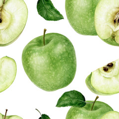 Green apple hand drawn watercolor seamless pattern isolated on white background