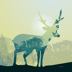 Double exposure deer and forest