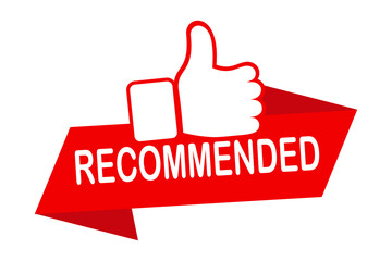 red vector illustration banner recommended with thumbs up. Recommendation best seller sign. Good advice. Recommended sale label. Bestseller sticker. Vector illustration. icon. Thumb up emblem. eps 10