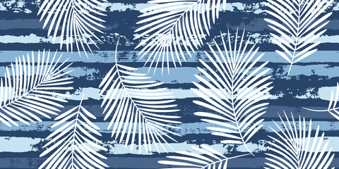 Tropical pattern, palm leaves seamless vector floral background. Exotic plant on blue stripes print illustration. Summer nature jungle print. Leaves of palm tree on paint lines. ink brush strokes