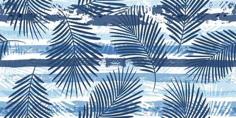 Store enrouleur occultant Palmiers Motif tropical, feuilles de palmier fond floral vectorielle continue. Plante exotique sur illustration imprimée à rayures bleues. Imprimé jungle nature estivale. Feuilles de palmier sur les lignes de peinture. coups de pinceau d& 39 encre