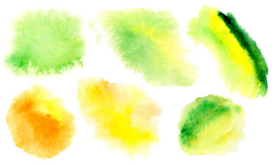 Abstract yellow orange green watercolor stain set. Watercolor hand drawn texture for backgrounds, cards, banners.
