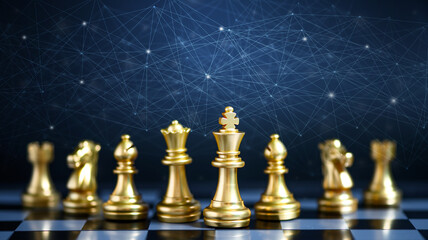 Gold color chess pieces on chessboard, focused on King piece with point and line graphic...