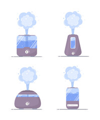 Humidifier air icon. Set of ultrasonic purifiers microclimate for home. Healthy humidity. Modern vector illustration in flat cartoon style.