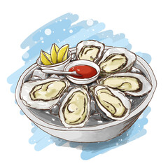 Illustration of Fresh oysters with lemon's slices in ice. Food Art.