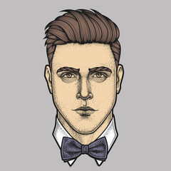 Hand drawn portrait of man full face with bow tie . Vector illustration.