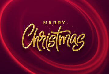 Realistic shiny 3D golden inscription Merry Christmas on a background with red bright waves. Vector illustration