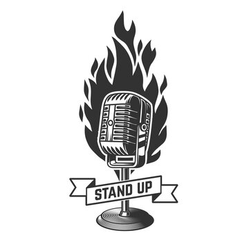 Stand up. Illustration of retro microphone with fire . Design element for poster, card, banner, logo, label, sign, badge, t shirt. Vector illustration