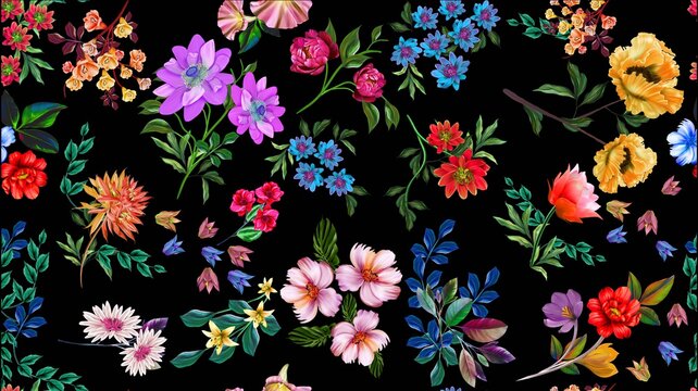 Seamless pattern with spring flowers and leaves. Hand drawn background. Flower pattern for wallpaper or fabric. Flower rose.