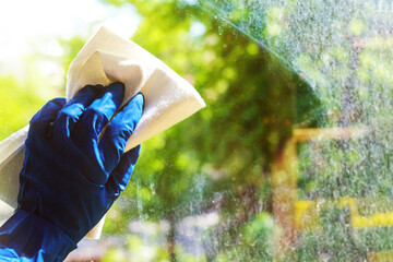 washing Windows with white rag with blue-gloved hand. outside the window, lush greenery and bright sunlight