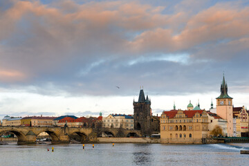 Prague waterfront featuring Charles bridge