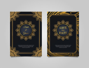 Luxury wedding invitation card design. Wedding invitation set with elegant black background. Cool invitation template with golden mandala ornament