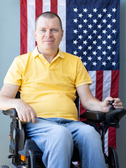 American freedom in wheelchair. USA flag
