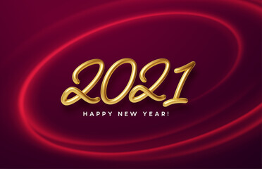 Realistic shiny 3D golden inscription 2021 happy new year on a background with red bright waves. Vector illustration