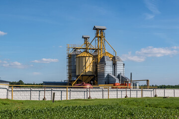 Fototapeta na wymiar silver silos on agro-processing and manufacturing plant for processing drying cleaning and storage of agricultural products, flour, cereals and grain. Granary elevator.